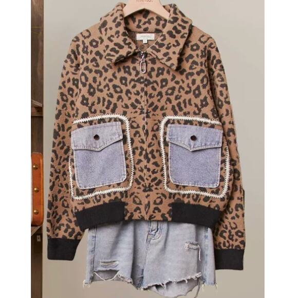 Cheetah Womens Zip Up Cheetah Animal Print Denim Pocket Jacket - Picture 2 of 3